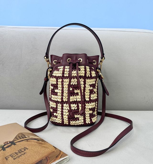 Fendi straw small mon tresor bucket bag 8BS010 burgundy