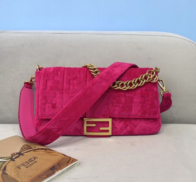 Fendi original velvet large baguette bag 8BR795 rose red