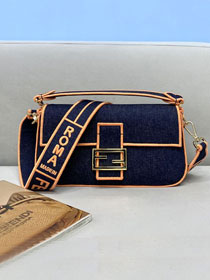 Fendi original denim medium baguette bag 8BR600 dark blue&orange