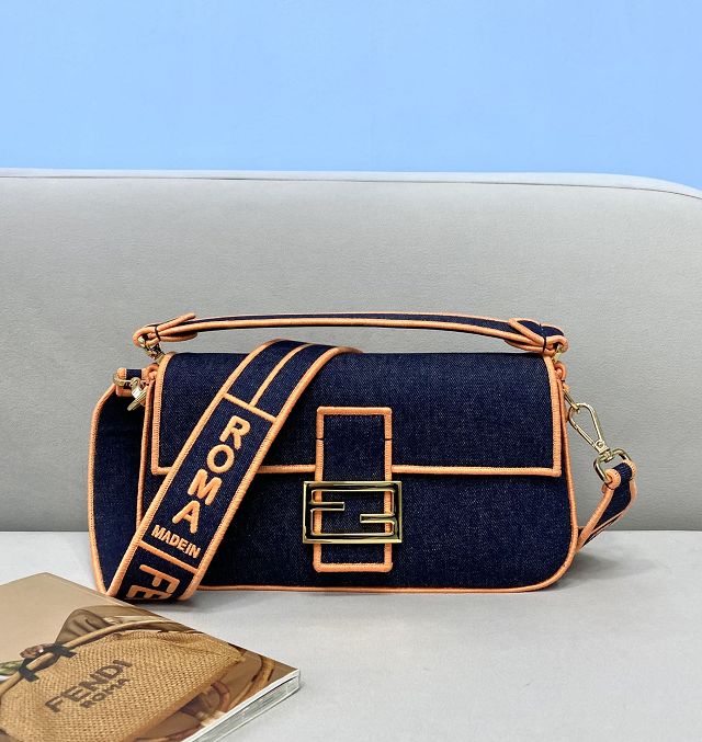 Fendi original denim medium baguette bag 8BR600 dark blue&orange