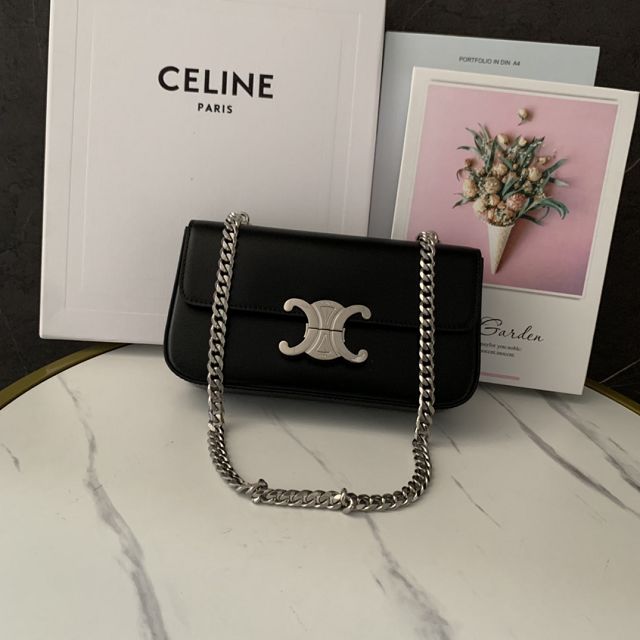 Celine original calfskin triomphe chain shoulder bag 197993 black