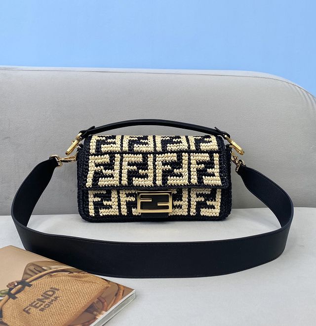 Fendi original raffia medium baguette bag 8BR600 black