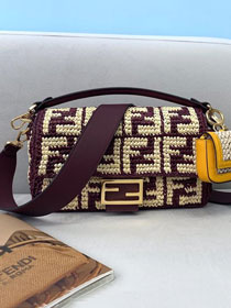 Fendi original raffia medium baguette bag 8BR600 bordeaux