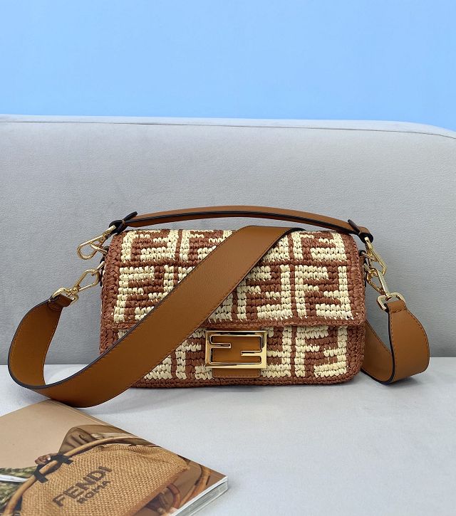 Fendi original raffia medium baguette bag 8BR600 brown