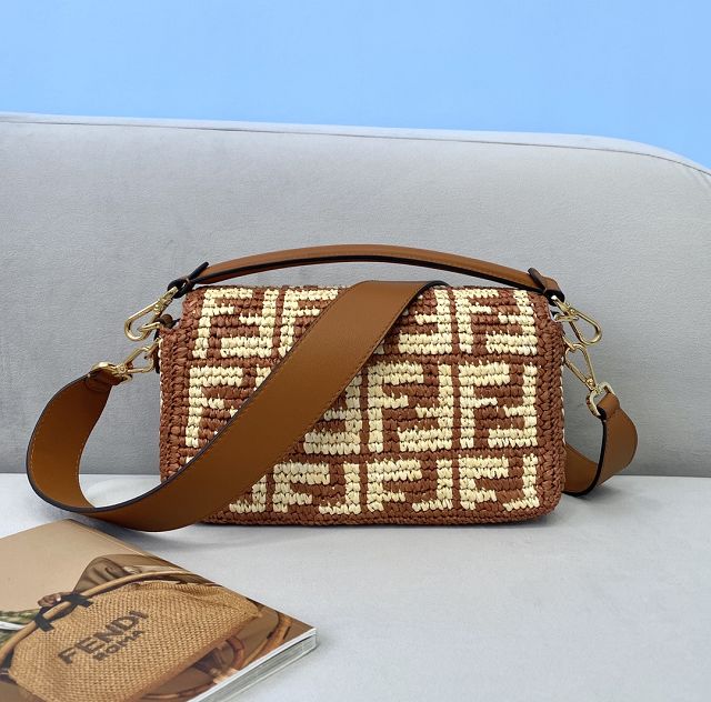 Fendi original raffia medium baguette bag 8BR600 brown