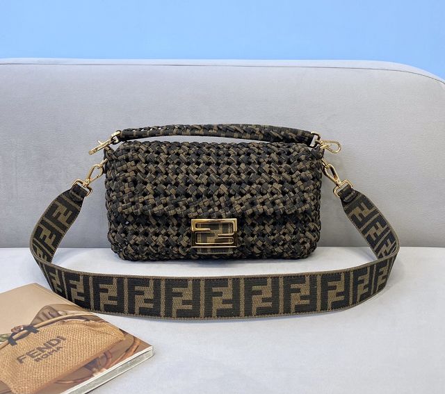 Fendi tweed medium baguette bag 8BR600 dark brown