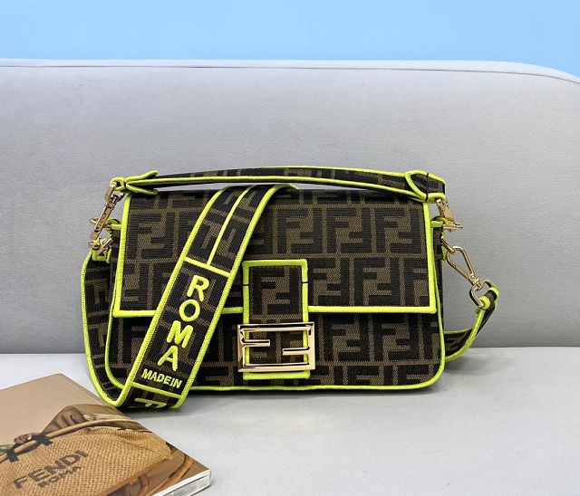 Fendi original canvas medium baguette bag 8BR600 brown&lemon yellow