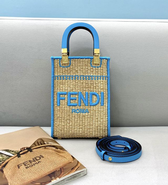 Fendi original raffia mini sunshine shopper bag 8BS051 apricot&blue
