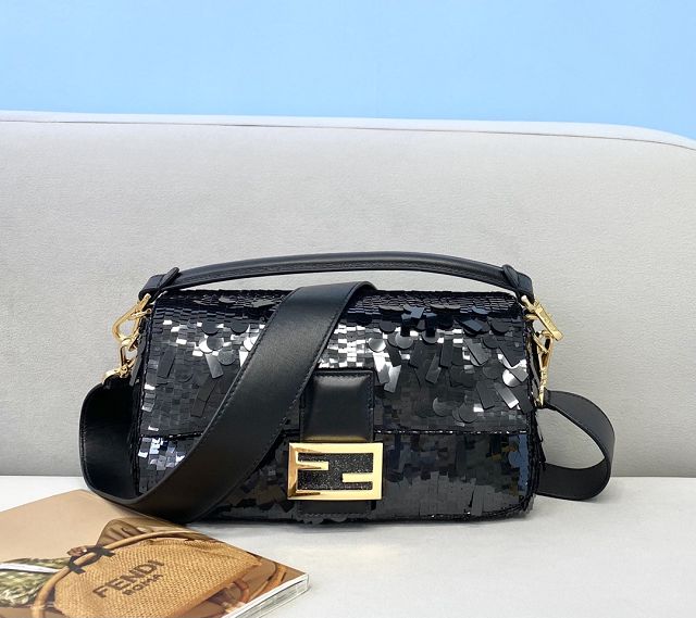 Fendi sequined medium baguette bag 8BS044 black