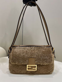 Fendi sheepfur medium double flap baguette bag 8BR791 khaki