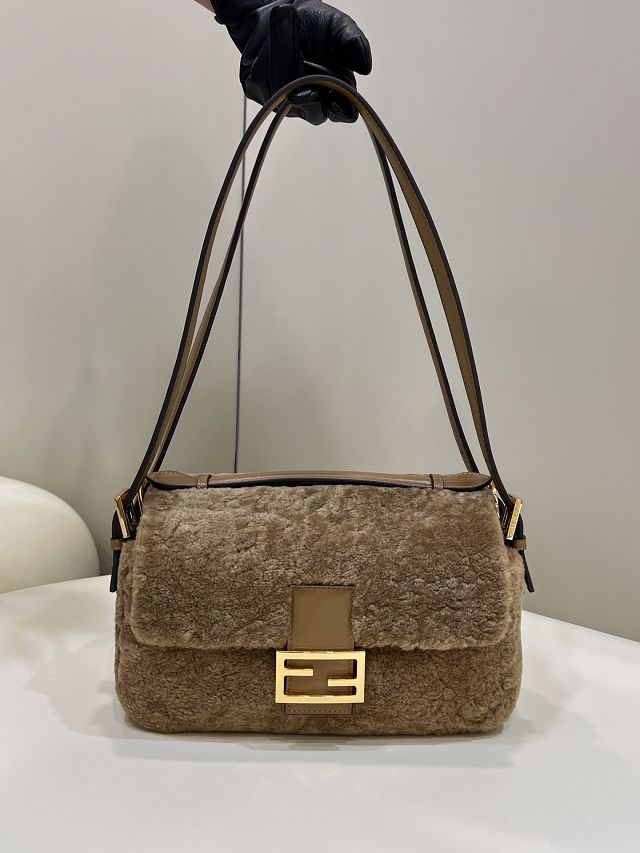 Fendi sheepfur medium double flap baguette bag 8BR791 khaki