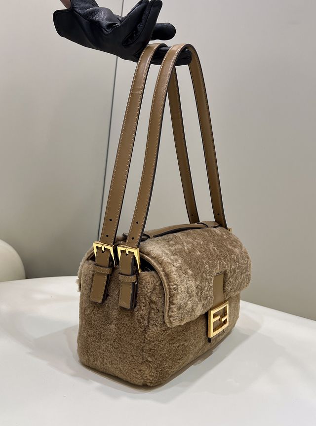 Fendi sheepfur medium double flap baguette bag 8BR791 khaki