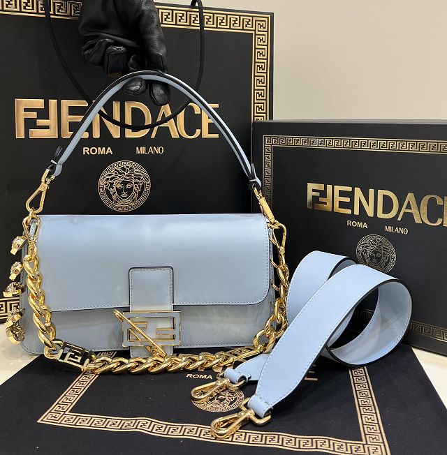 Fendi original calfskin brooch baguette bag 8BR801 blue