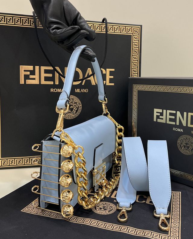 Fendi original calfskin brooch baguette bag 8BR801 blue