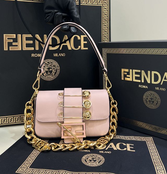 Fendi original calfskin mini brooch baguette bag 8BS066 pink