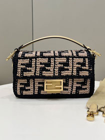 Fendi original raffia medium baguette bag 8BR600 black&beige