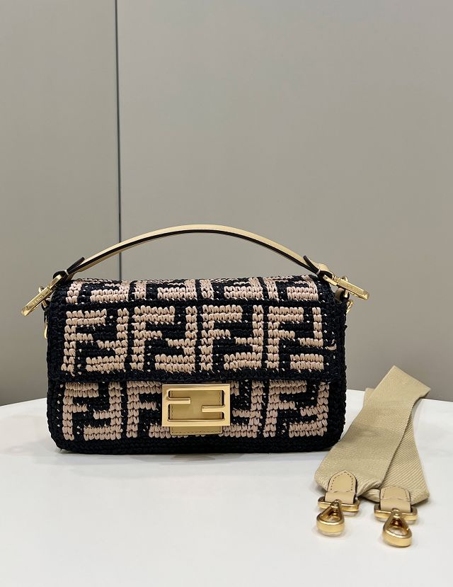 Fendi original raffia medium baguette bag 8BR600 black&beige