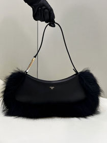 Fendi original calfskin&fox fur O-Lock swing pouch 8BS068 black
