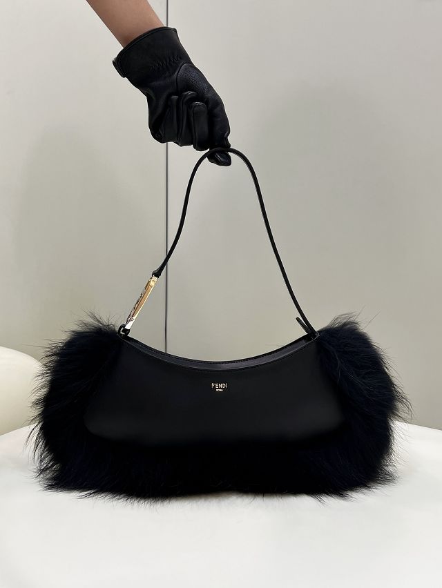 Fendi original calfskin&fox fur O-Lock swing pouch 8BS068 black