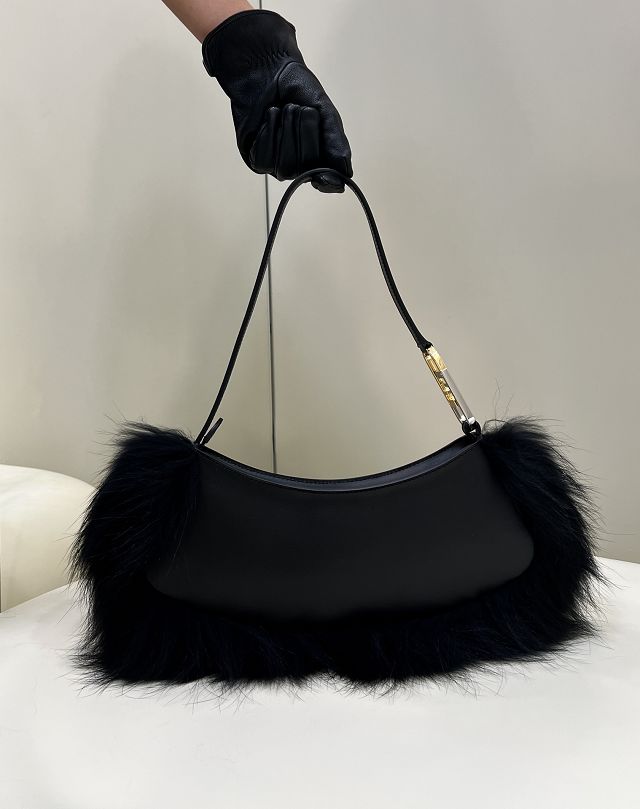 Fendi original calfskin&fox fur O-Lock swing pouch 8BS068 black