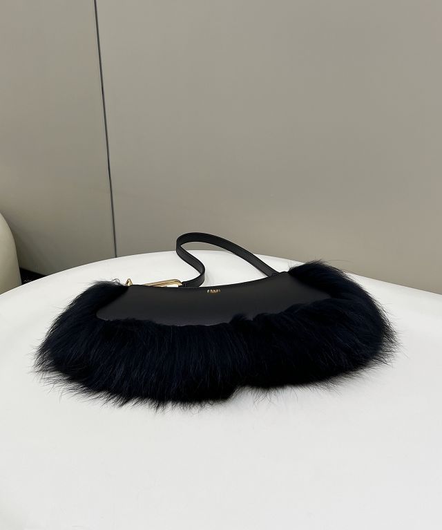 Fendi original calfskin&fox fur O-Lock swing pouch 8BS068 black