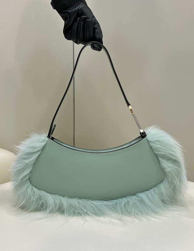 Fendi original calfskin&fox fur O-Lock swing pouch 8BS068 mint green