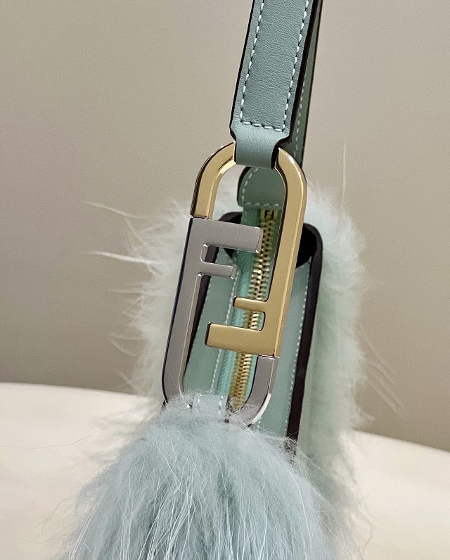 Fendi original calfskin&fox fur O-Lock swing pouch 8BS068 mint green