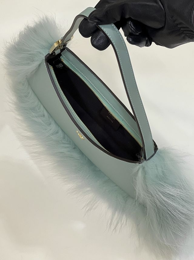 Fendi original calfskin&fox fur O-Lock swing pouch 8BS068 mint green