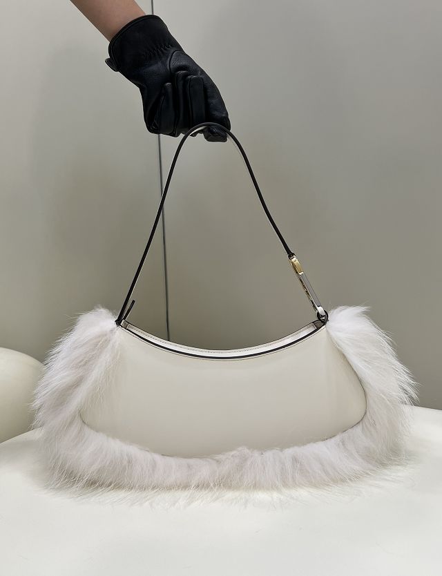 Fendi original calfskin&fox fur O-Lock swing pouch 8BS068 white