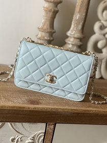 CC original lambskin wallet on chain A80982 light blue