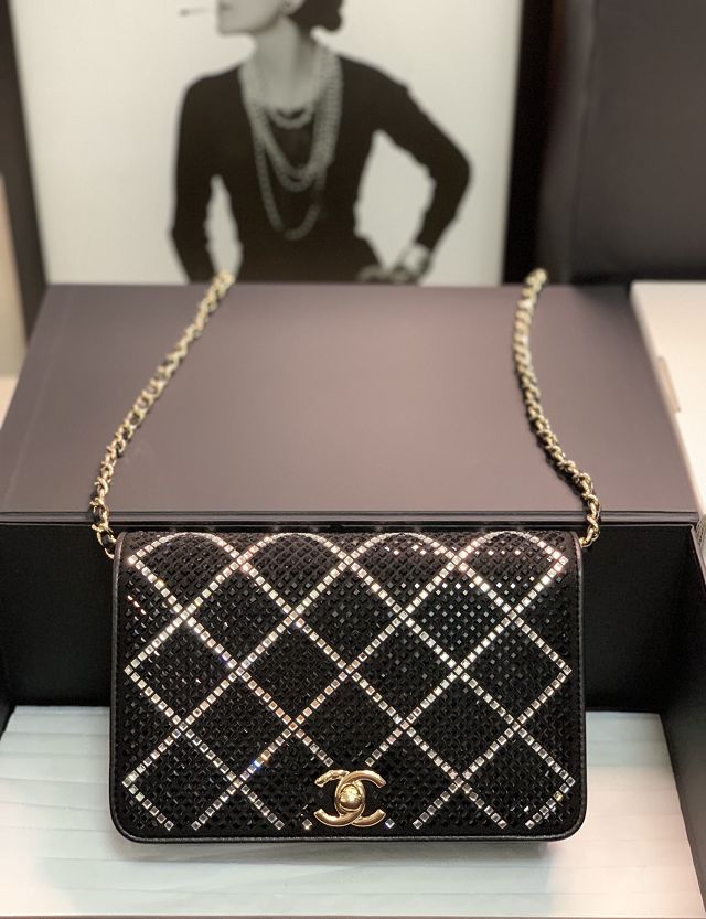 CC original lambskin&strass wallet on chain AP2853 black