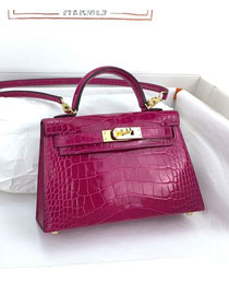 Hermes genuine crocodile leather mini kelly bag K0019 rose sheherzade