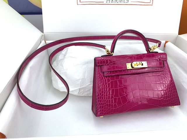 Hermes genuine crocodile leather mini kelly bag K0019 rose sheherzade