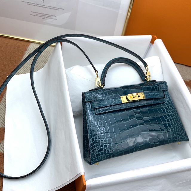 Hermes genuine crocodile leather mini kelly bag K0019 vert bosphore