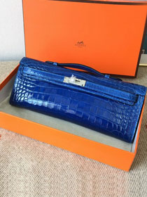 Hermes genuine crocodile leather kelly cut 31 clutch C310 blue izmir