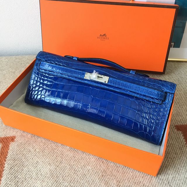 Hermes genuine crocodile leather kelly cut 31 clutch C310 blue izmir