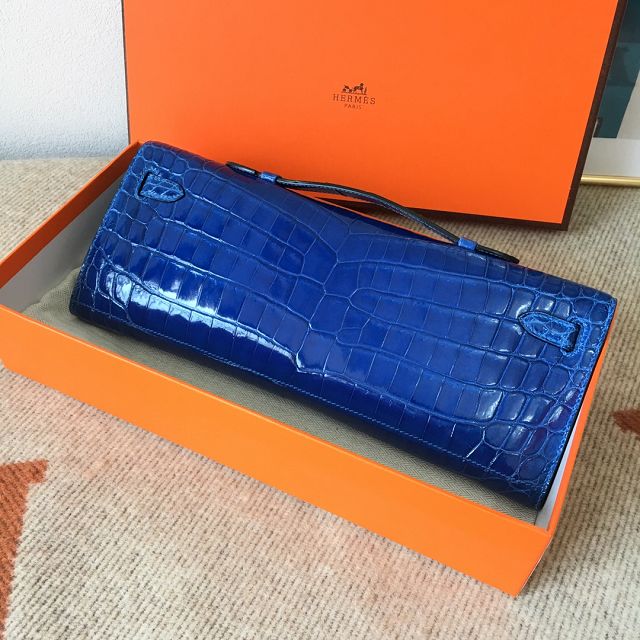 Hermes genuine crocodile leather kelly cut 31 clutch C310 blue izmir