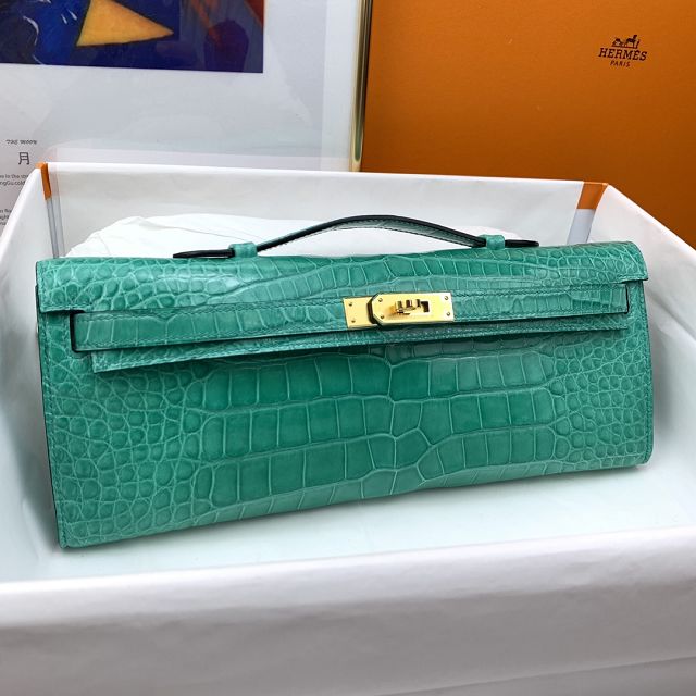 Hermes genuine crocodile leather kelly cut 31 clutch C310 vert jade 