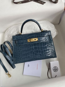 Hermes genuine crocodile leather mini kelly bag K0019 blue jean