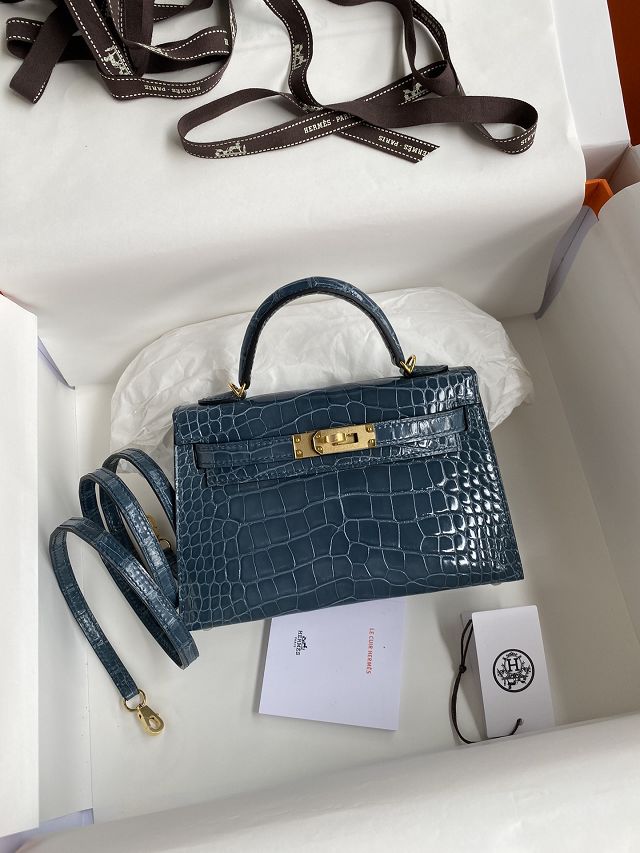 Hermes genuine crocodile leather mini kelly bag K0019 blue jean