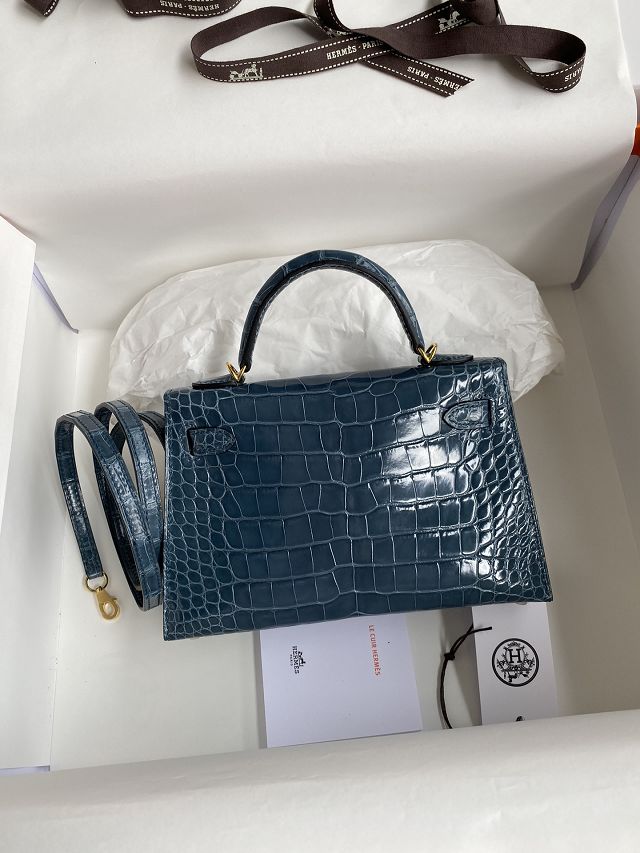 Hermes genuine crocodile leather mini kelly bag K0019 blue jean
