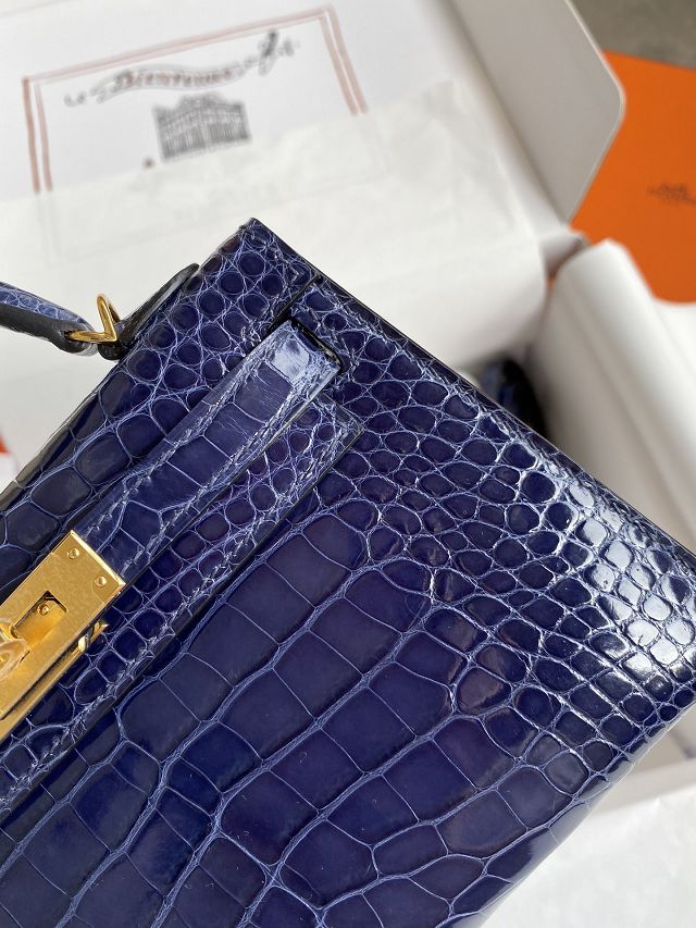 Hermes genuine crocodile leather mini kelly bag K0019 blue saphir