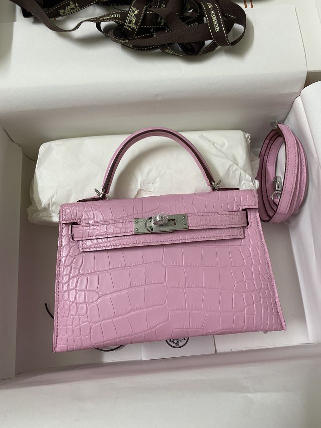 Hermes genuine crocodile leather mini kelly bag K0019 pink