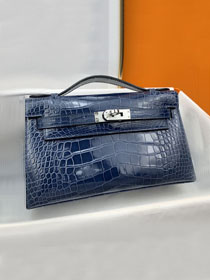 Hermes genuine crocodile leather mini kelly clutch K220 blue tempete