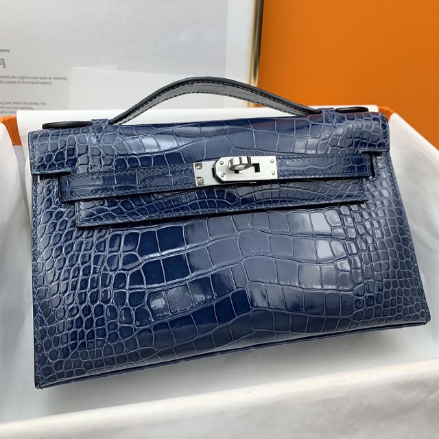 Hermes genuine crocodile leather mini kelly clutch K220 blue tempete