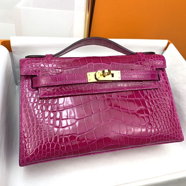 Hermes genuine crocodile leather mini kelly clutch K220 rose sheherzade