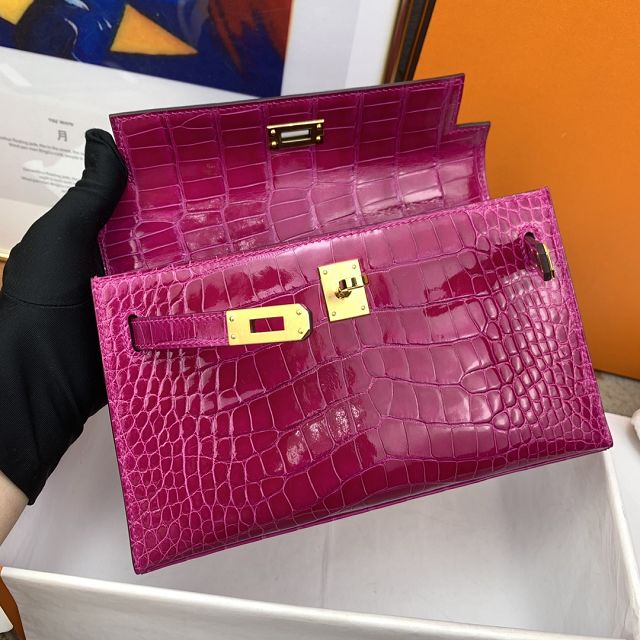 Hermes genuine crocodile leather mini kelly clutch K220 rose sheherzade