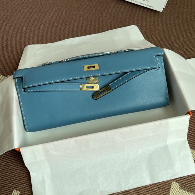 hermes original swfit leather kelly cut 31 clutch H032 blue jean