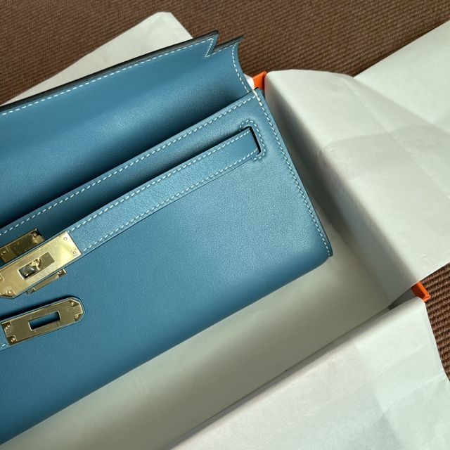 hermes original swfit leather kelly cut 31 clutch H032 blue jean