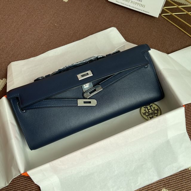 hermes original swfit leather kelly cut 31 clutch H032 dark blue